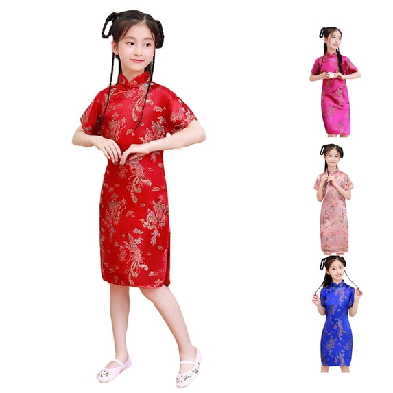 Yuhangmm Girls Summer Dress, Girls Chinese Dress Qipao Baby Girls Year Clothing Floral Short Sleeve Cheongsam Kids Birthday Party Outfits Girl Dresses Red 130