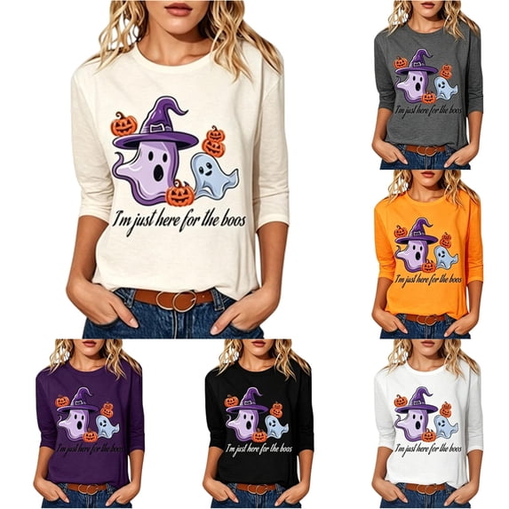 Yuhangmm Halloween Shirts for Women Casual Women T Shirts Short Sleeve Crew Neck Graphic Print for Everyday Comfort and Style Beige M