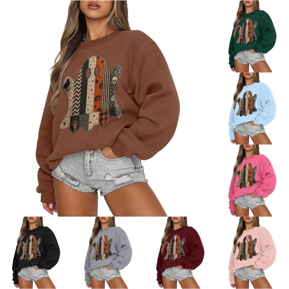 Yuhangmm Halloween Sweatshirts for Women Halloween Graphic Hoodless Sweatshirt Cozy Casual Pullover for Autumn Seasonal Parties Brown XL