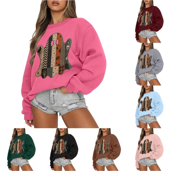 Yuhangmm Halloween Sweatshirts for Women Halloween Graphic Hoodless Sweatshirt Cozy Casual Pullover for Autumn Seasonal Parties Pink M