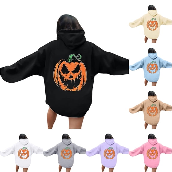 Yuhangmm Halloween Sweatshirts for Women Halloween Printed Hooded Crew Neck Long Sleeve Sweatshirt Seasonal Graphic Black M