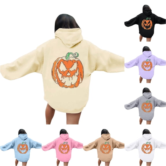 Yuhangmm Halloween Sweatshirts for Women Halloween Printed Hooded Crew Neck Long Sleeve Sweatshirt Seasonal Graphic Light Yellow XL
