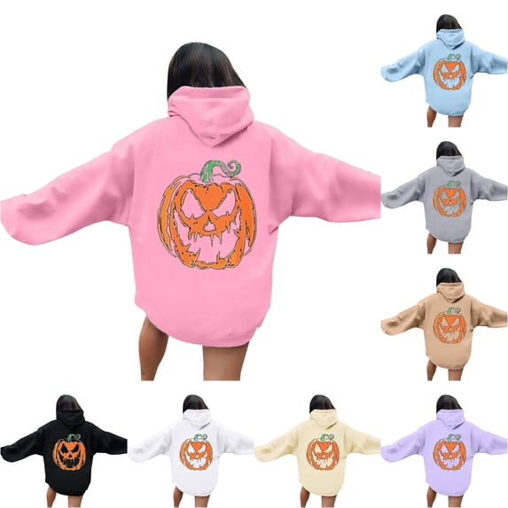 Yuhangmm Halloween Sweatshirts for Women Halloween Printed Hooded Crew Neck Long Sleeve Sweatshirt Seasonal Graphic Pink M