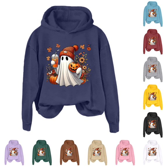 Yuhangmm Halloween Sweatshirts for Women Halloween Sweatshirt Letter Graphic Tee Oversized Pullovers Loose Tops with Cute Design Navy XL
