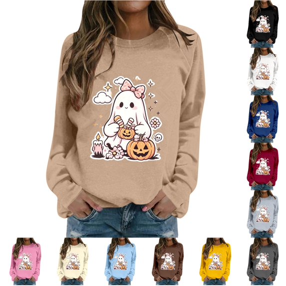 Yuhangmm Halloween Sweatshirts for Women Halloween Themed Graphic Hoodless Sweatshirt Casual Cozy Halloween Outfit with Playful Print Khaki XXL