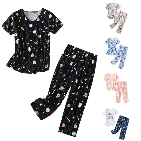 Yuhangmm Ladies Pajamas Sets Cotton Pajamas Short Sleeve Top Capri Pants Sleepwear Plus Size Black XL