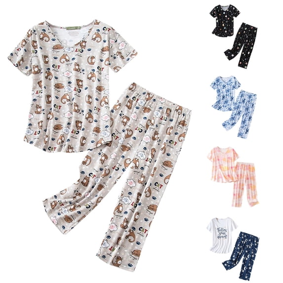 Yuhangmm Ladies Pajamas Sets Cotton Pajamas Short Sleeve Top Capri Pants Sleepwear Plus Size Coffee S