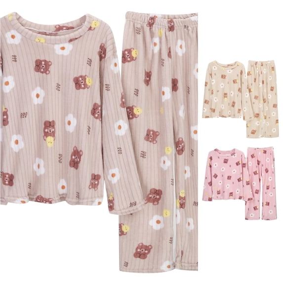 Yuhangmm Ladies Pajamas Sets Flannel Teddy Bear Jacquard Warm Suit Winter Thick Home Clothes Set KhakiOne Size