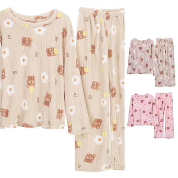 Yuhangmm Ladies Pajamas Sets Flannel Teddy Bear Jacquard Warm Suit Winter Thick Home Clothes Set WhiteOne Size