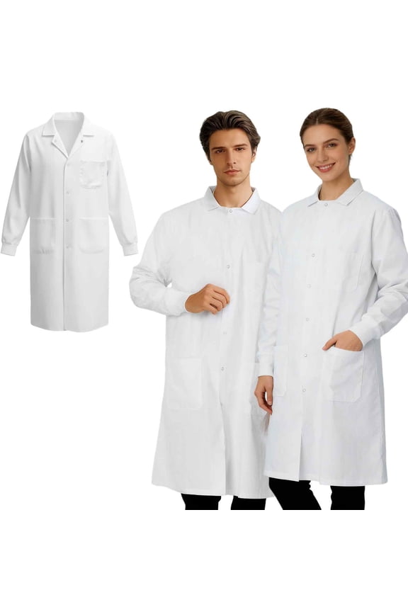 Men Long Sleeve White Doctor Lab Coat With Knit Concealed Snap Closure Front Work Shirt White M
