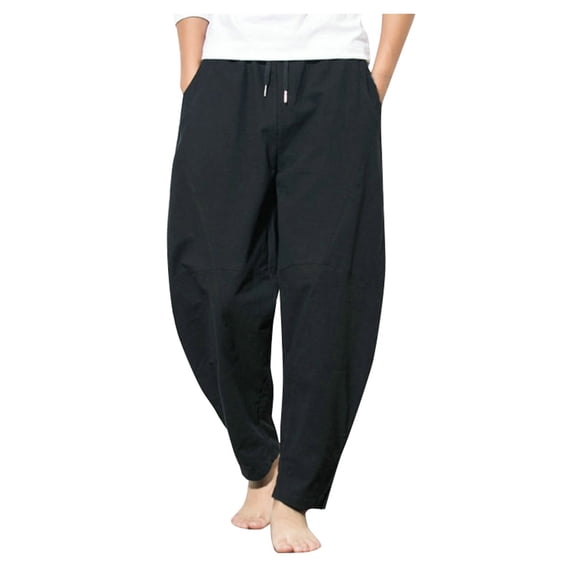 Yuhangmm Men's Casual Elastic Mid Waist Loose Fit Solid Trousers Black M