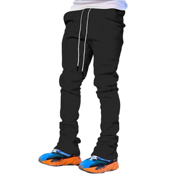 Yuhangmm Men's Casual Pants - Four Season Slim Fit Flared Trousers with Elastic Waist and Tie Versatile Solid Color Men's Sports Casual Bottoms Black L