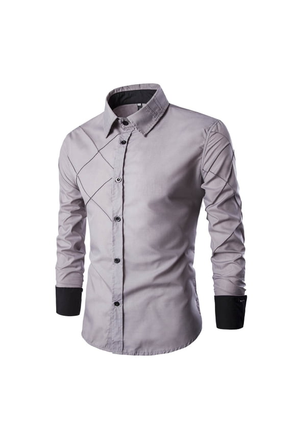 Men's Long Sleeve Shirt with Grid Line Design for Casual Everyday Wear – Modern Solid Color Button-Down Top Grey L