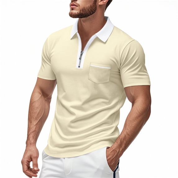 Yuhangmm Men's Polo Shirts, Men Short Sleeve Zipper Down Collar Gradient Tees Dressy Casual Business Work Tshirt Summer Tops Beige XL