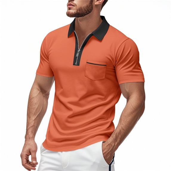 Yuhangmm Men's Polo Shirts, Men Short Sleeve Zipper Down Collar Gradient Tees Dressy Casual Business Work Tshirt Summer Tops Orange L