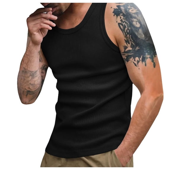 Yuhangmm Mens Tank Top, Men's Tank Top Base Layer Sleeveless Vest for Casual Outdoor Wear Slim Fit Solid Color T Shirt Black M