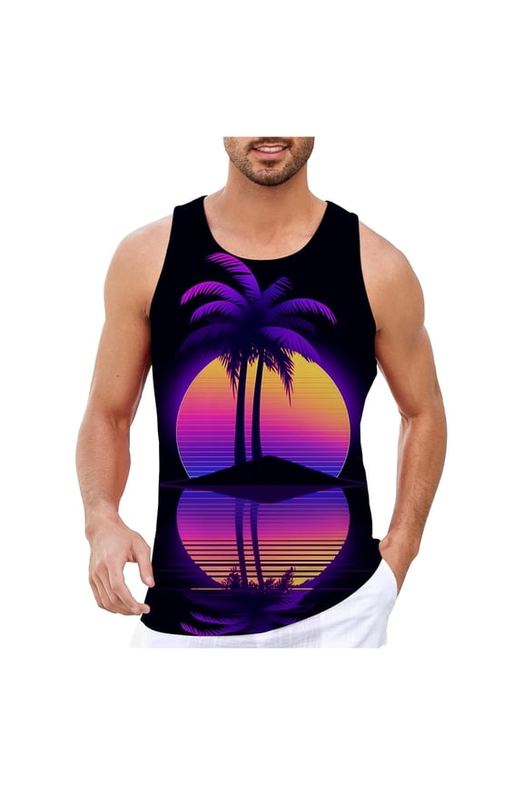 Mens Tank Top, Men's Tank Top for Summer Beach Wear Digital 3D Printed Sleeveless Vest with Tropical Coconut Tree Design and Lightweight Comfort Black XXL