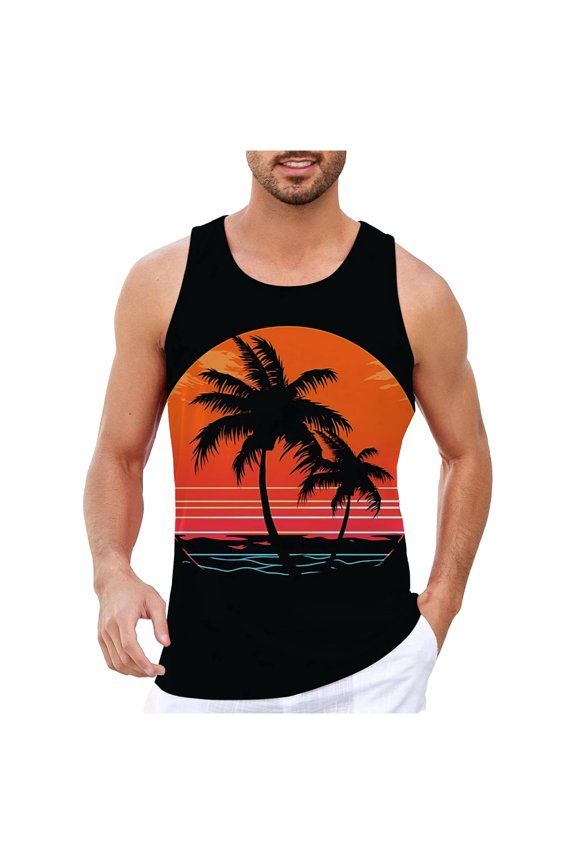 Mens Tank Top, Men's Tank Top for Summer Beach Wear Digital 3D Printed Sleeveless Vest with Tropical Coconut Tree Design and Lightweight Comfort Orange XXL