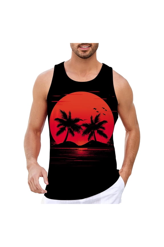 Mens Tank Top, Men's Tank Top for Summer Beach Wear Digital 3D Printed Sleeveless Vest with Tropical Coconut Tree Design and Lightweight Comfort Red XXL