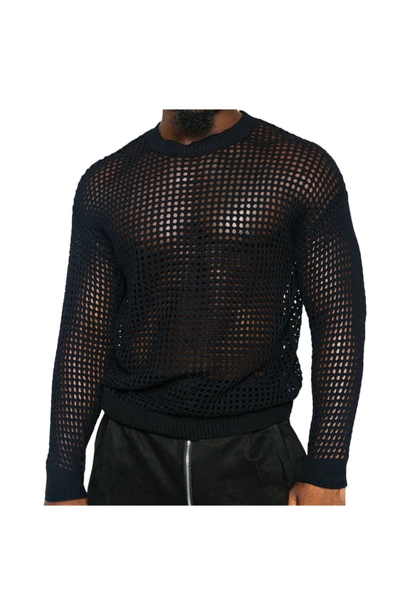 Mens Tshirt Men T Shirts - Mens Leisure Pilling Striped Sweater Hollow Contrast Thick Wool Ice Silk Knitted Business Shirt Black M
