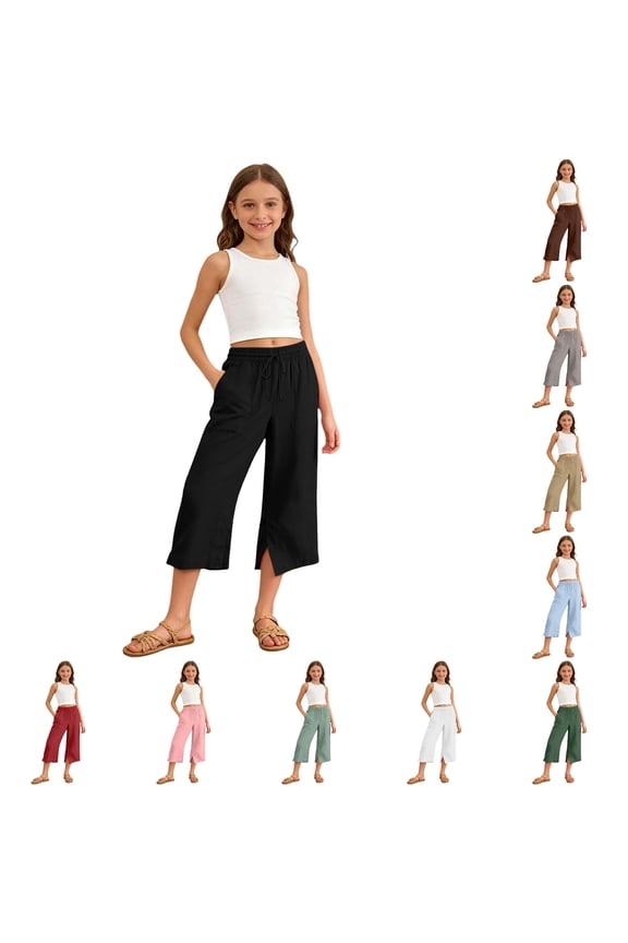 Yuhangmm Pants for Girls, Girls Casual Ponte Pants For Girls Comfortable Solid Loose Fit Half Length Trousers Play Soft Waistband Easy Care Footed Pants Girl Black 5-6 Years