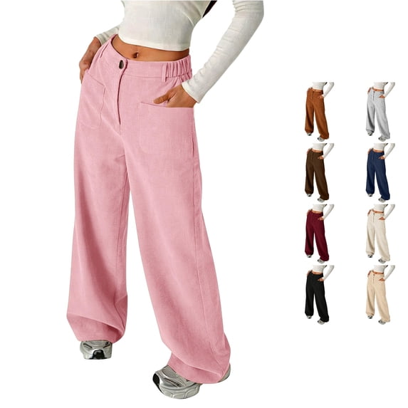 Yuhangmm Pants for Girls, Kids Girl's Solid Corduroy Wide Leg Pants Button Front Zipper Straight Pants With Pockets For Youth Pencil Type Pants for Children Pink 7-8 Years