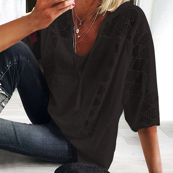 Yuhangmm Plus Size Tops – Cropped U Neck T Shirt with Lace Stitching and Loose Fit for Women Black XXXL