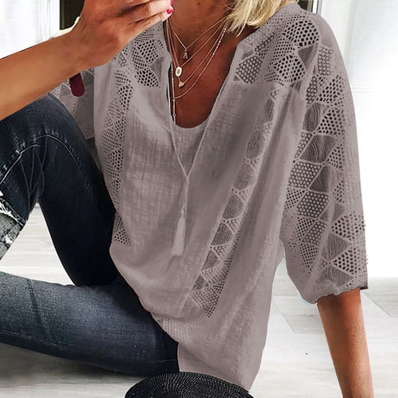 Yuhangmm Plus Size Tops – Cropped U Neck T Shirt with Lace Stitching and Loose Fit for Women Grey XL