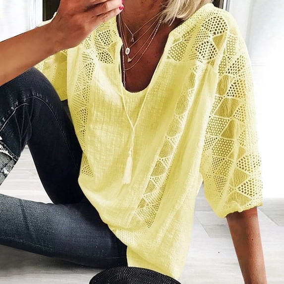 Yuhangmm Plus Size Tops – Cropped U Neck T Shirt with Lace Stitching and Loose Fit for Women Yellow XXXL