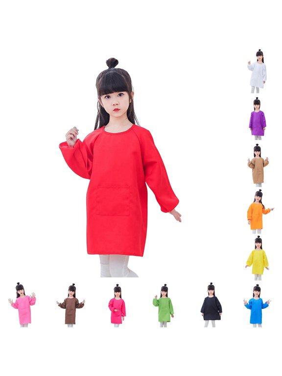 Yuhangmm Shirts for Girls, Kid Art Smock Solid Color With Pocket Apron For Children Printed Artist Painting Aprons Smocks With Long Sleeve Girls Fancy Blouse Red 8-12 Years