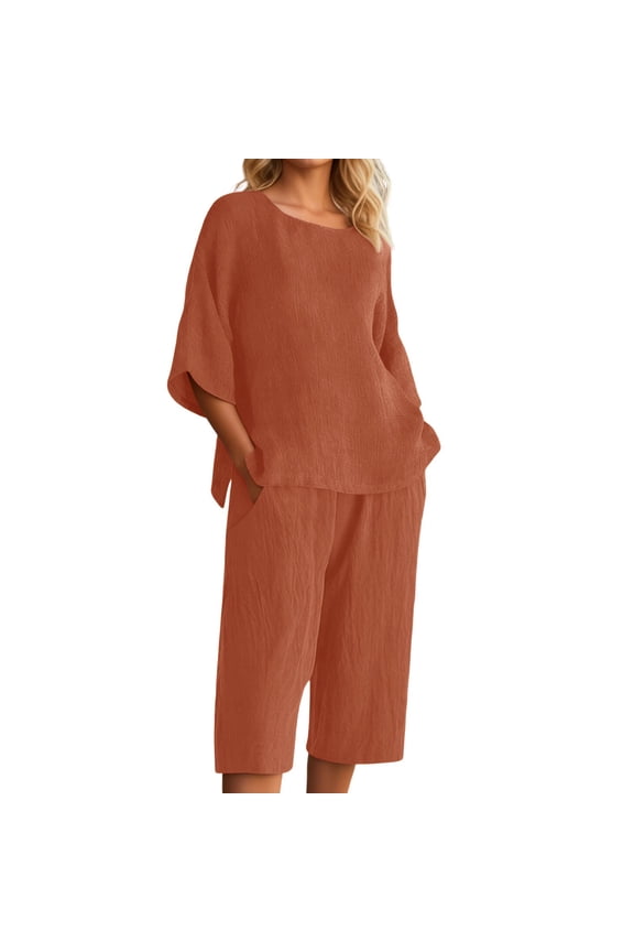 Short Sets for Women, Casual Short Sleeve Top And Shorts Two Piece Fashion Outfit With Crew Neck Summer for Women Coffee M