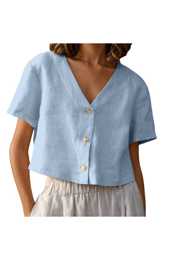 Summer Shirts for Women, Blend Short Sleeve Shirt Relaxed Fit Casual Summer Top Cropped Length Blouse Lightweight Breathable Women Shirts Light Blue XXL