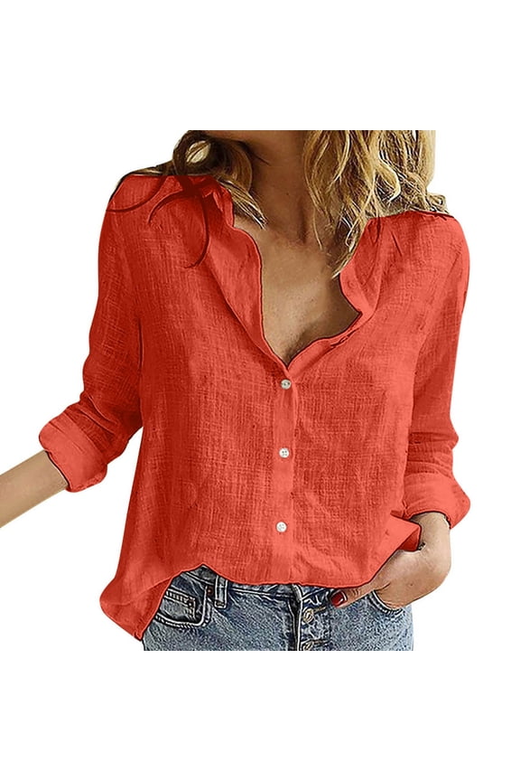 Summer Shirts for Women, Womens Shirts Casual Long Sleeve V Neck Blouse Button Down Ladies Work Loose Fit Tops Orange L