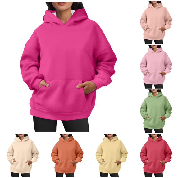 Yuhangmm Sweatshirts for Women Loose Fit Oversized Pullover Hoodies Short Velvet Sweaters Long Sleeve Winter Fall Outfits for Warmth Hot Pink M
