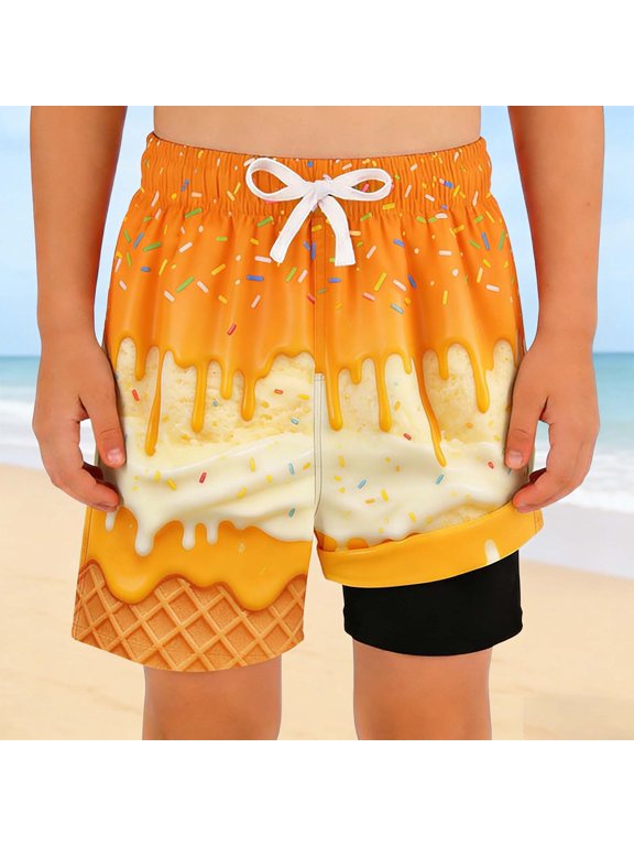 Yuhangmm Swim Trunks Boys, Boys Swim Trunks With Ice Print Double Layer Swimwear For Summer Pool Beach Boy Bathing Suit Yellow 13-14 Years