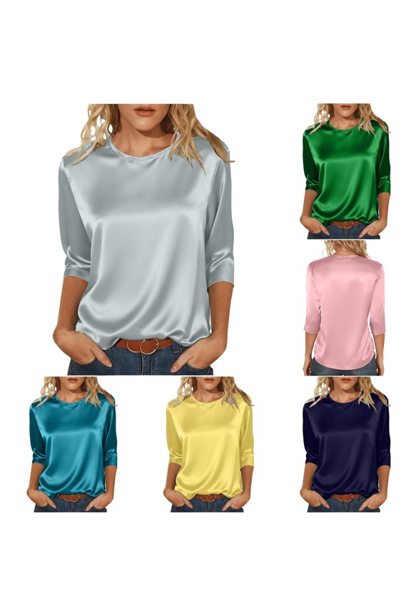 T Shirts for Women, Elegant Solid Short Sleeve Blouson T Shirt For – Lightweight Satin Finish Knit Top With Crew Neck For And Summer Womens Summer Shirt Silver XL