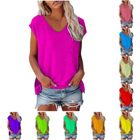 Yuhangmm T Shirts for Women, Women's Summer Fashion Casual V Neck Low Neckline Short Sleeved Solid Color Printed Loose T Shirt Top Woman Large Shirt Hot Pink L
