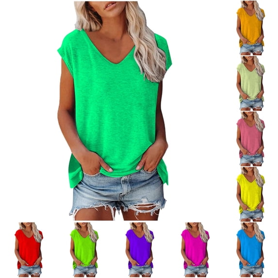Yuhangmm T Shirts for Women, Women's Summer Fashion Casual V Neck Low Neckline Short Sleeved Solid Color Printed Loose T Shirt Top Woman Large Shirt Mint Green M