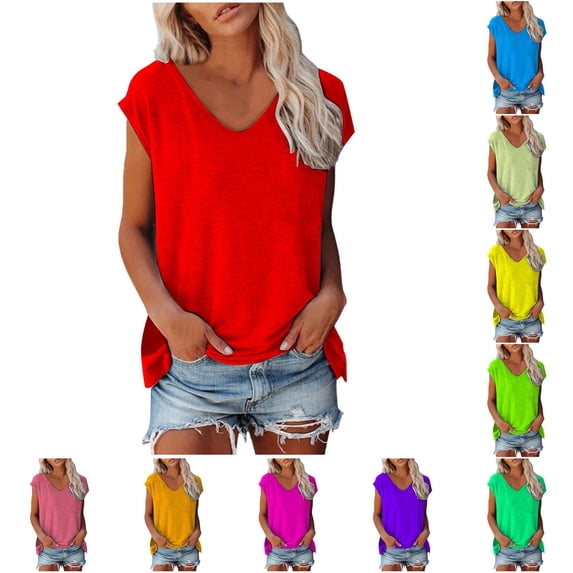 Yuhangmm T Shirts for Women, Women's Summer Fashion Casual V Neck Low Neckline Short Sleeved Solid Color Printed Loose T Shirt Top Woman Large Shirt Red M