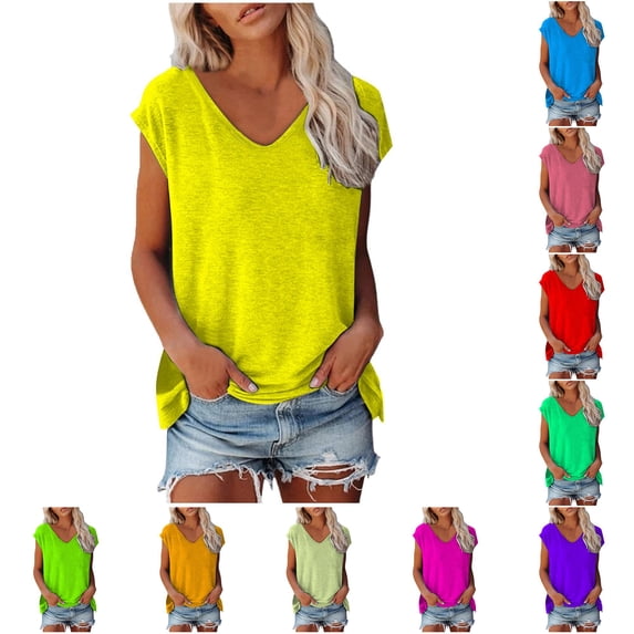 Yuhangmm T Shirts for Women, Women's Summer Fashion Casual V Neck Low Neckline Short Sleeved Solid Color Printed Loose T Shirt Top Woman Large Shirt Yellow L