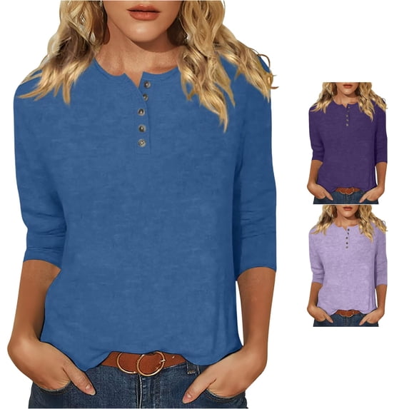 Yuhangmm T Shirts for Women, Autumn 3/4 Sleeve Button Front Knit Top For – Cozy Round Neck Casual T Shirt Style Shirts Long Sleeved Navy XXL