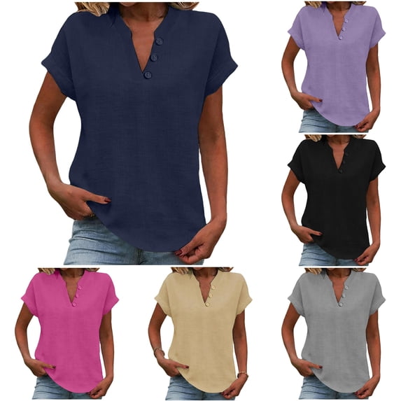 Yuhangmm T Shirts for Women, Casual Button Down Shirt Short Sleeve Top Blend Loose Fit Tunic Blouse under Scrub Women Long Sleeve Shirts Navy XL