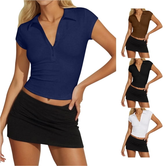 Yuhangmm T Shirts for Women, Women's Button Down Short Sleeved Tight Fitting T Shirt Womens Turtleneck Long Sleeve Tops Navy L