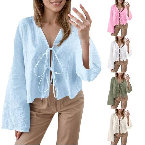 Yuhangmm T Shirts for Women, Women's Tie Front Tops Blouse Puff Sleeve Button Peplum Ruffle Cute Tee Shirts Short Sleeve Shirt Light Blue S