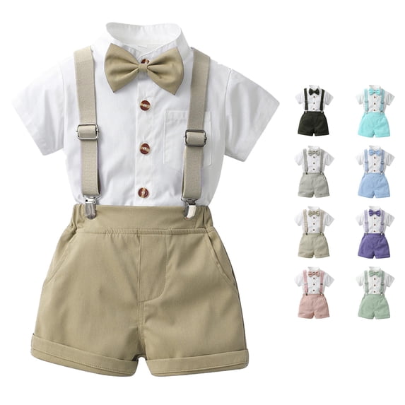 Yuhangmm Toddler Boys Short Sleeve Solid T Shirt Tops Suspenders Shorts Child Kids Gentleman Outfits Baby Boy Clothes 3 Months Khaki 18-24 Months
