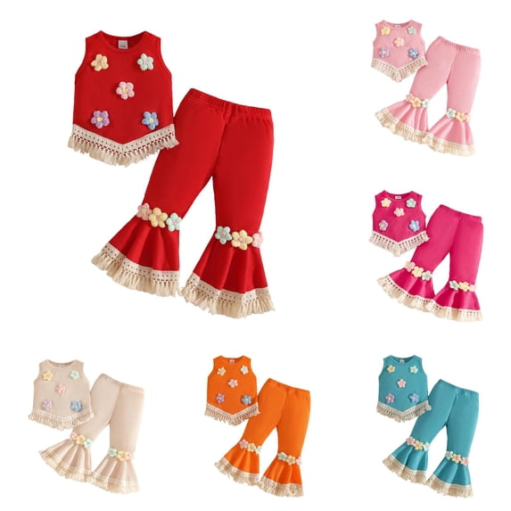 Yuhangmm Toddler Girls Sleeveless Floral Tassels T Shirt Vest Tops Pants Kids Outfits Clothes for Twin Baby Girls Red 12-18 Months