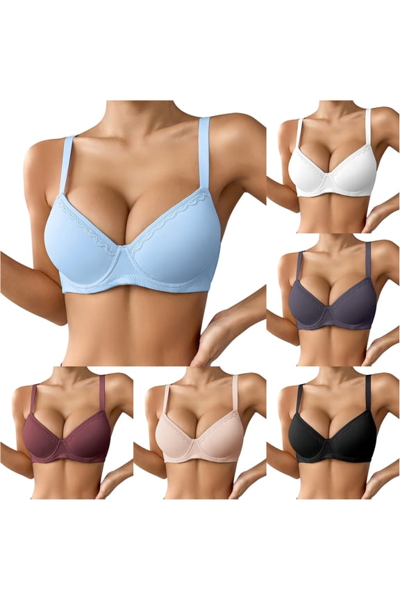 Tshirt Bras for Women Thin Solid Color Breathable Push Up Underwire Triple Bra Comfortable Lightweight Support Blue 70B