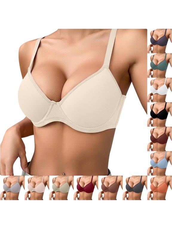 Tshirt Bras for Women Thin Solid Color Breathable Push Up Underwire Triple Bra with Light Padding and Smooth Cup Light Yellow 75B