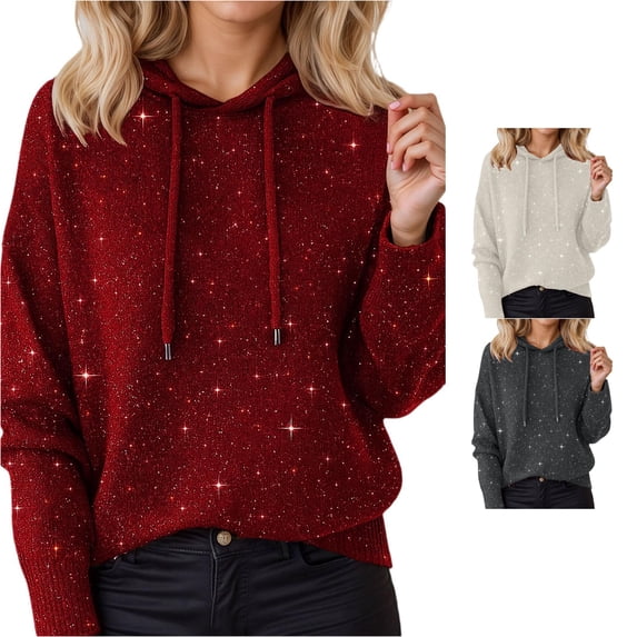 Yuhangmm Women Sweatshirt Knit Hoodie for Soft Fit Long Sleeve Sweatshirt with Stud Details for Autumn Winter Wear with Unique Stud Detail Red M