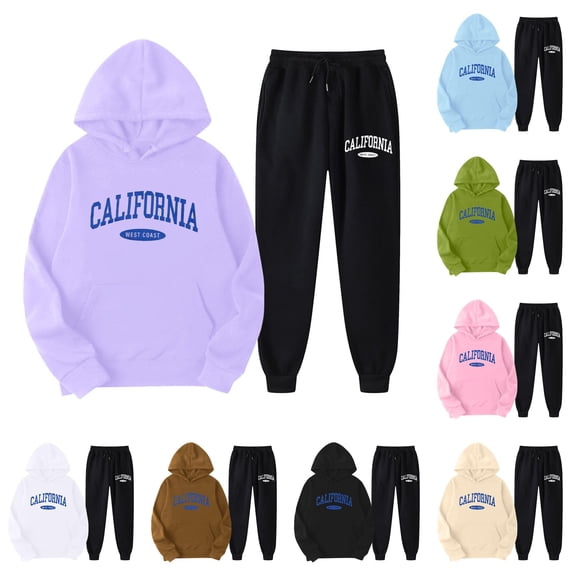 Yuhangmm Women Sweatshirt Two Piece Pants Set with Cute Print Long Sleeve Hooded Sweatshirt for Matching Style and Comfort Purple L